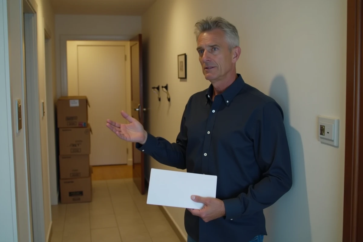 Locataire tenant une lettre de résiliation dans le couloir de son appartement