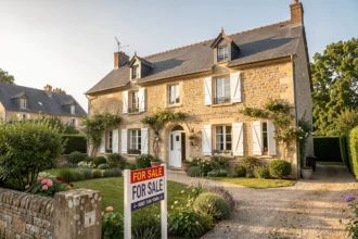 Maison en pierre avec panneau à vendre dans le jardin