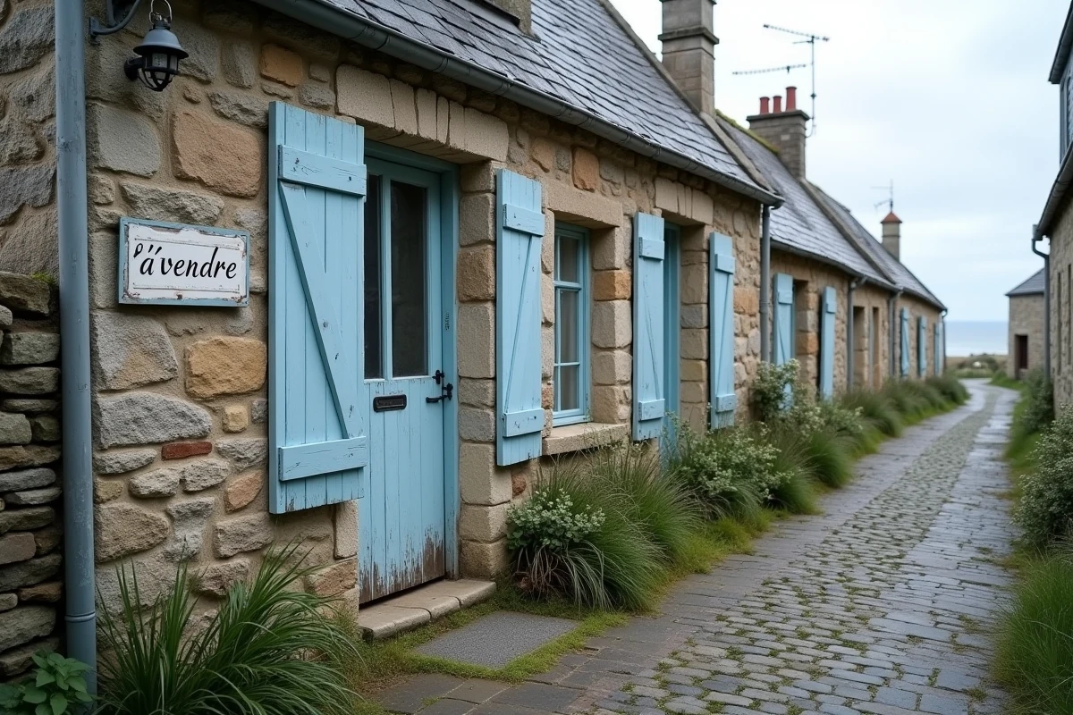 Petite maison de pêcheur à vendre avec panneau immobilier dans un village côtier breton