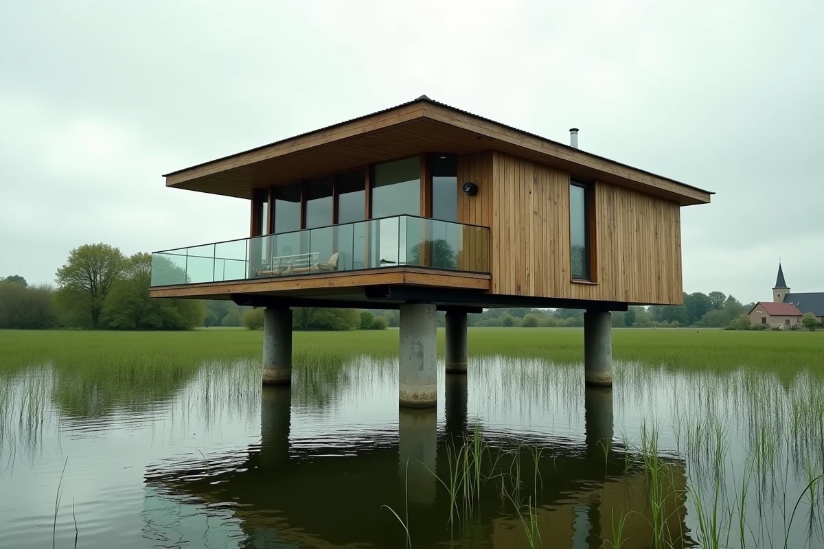 Maison moderne sur pilotis en zone inondable entourée d'eau lors d'une crue en milieu rural français