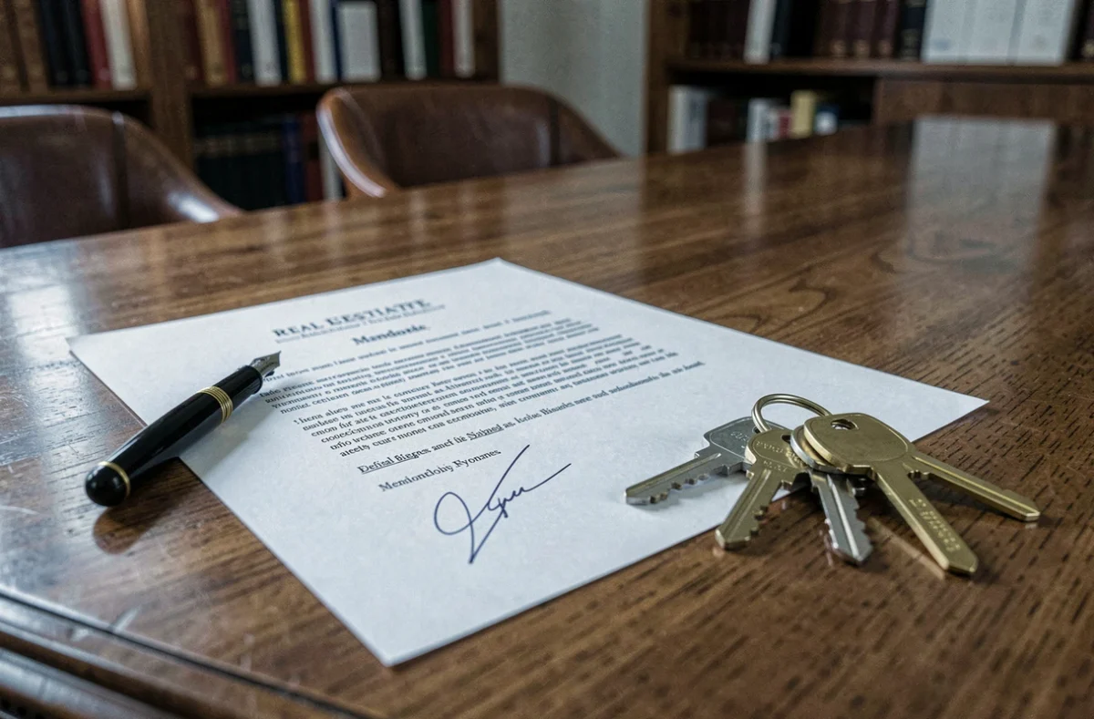 Mandat immobilier signé avec clés d'appartement sur une table en bois dans une agence immobilière parisienne