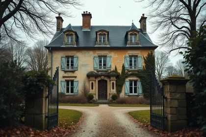Manoir français à vendre à 1 euro symbolique, façade en pierre avec volets délavés et grille en fer forgé entrouverte