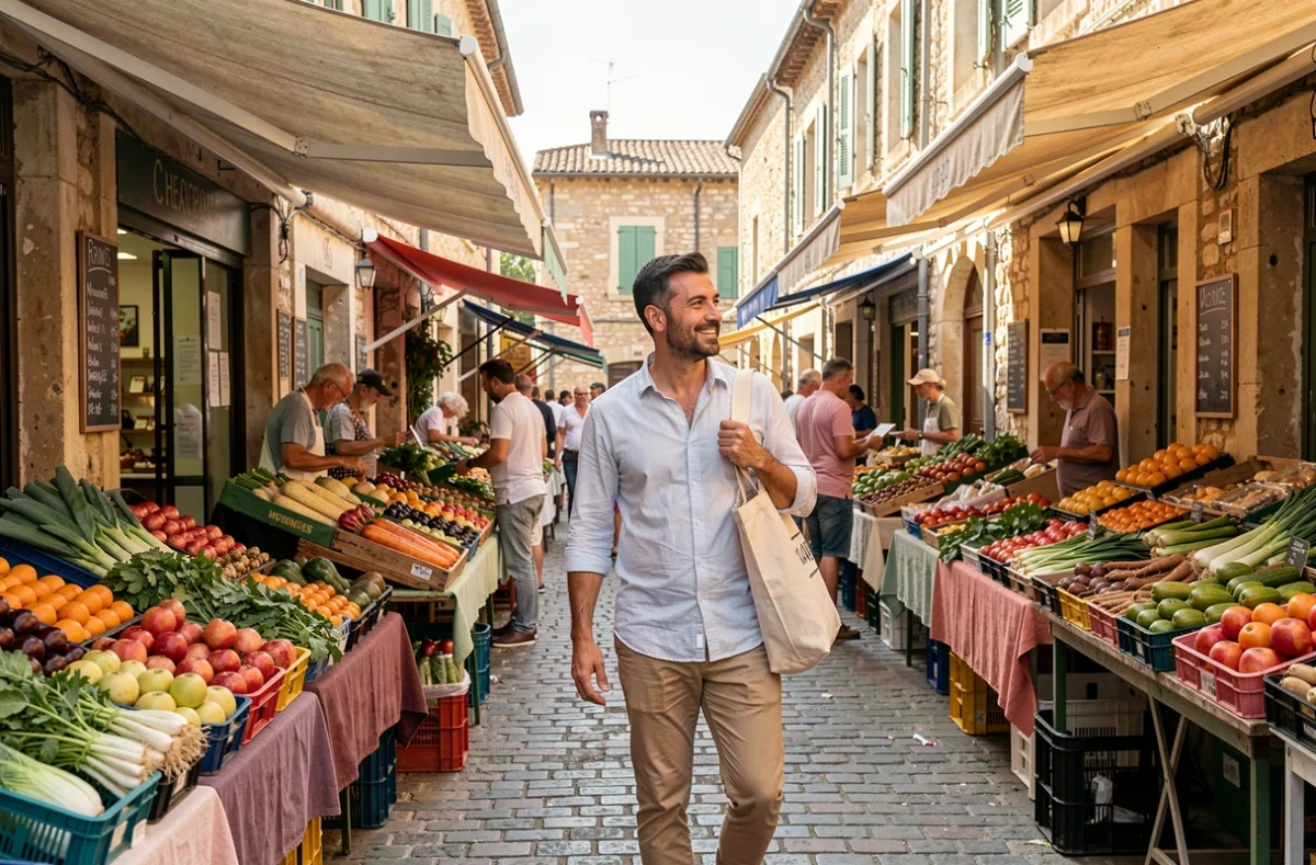 Homme se promenant dans un marché de quartier populaire à Avignon, illustrant la vie quotidienne dans un secteur au coût abordable