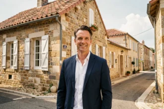 Agent immobilier professionnel devant une maison charentaise en pierre, symbolisant le marché immobilier en Charente