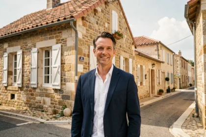 Agent immobilier professionnel devant une maison charentaise en pierre, symbolisant le marché immobilier en Charente