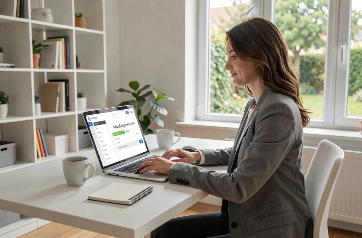 Professionnelle utilisant le portail MonEmprunt.com pour comparer des offres de prêt immobilier depuis un bureau à domicile