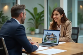Agent immobilier négociant les honoraires avec une acheteuse autour d'une table de réunion couverte de documents de vente