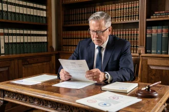 Notaire en costume marine examinant un contrat de viager sur un bureau en chêne avec documents officiels et stylo plume