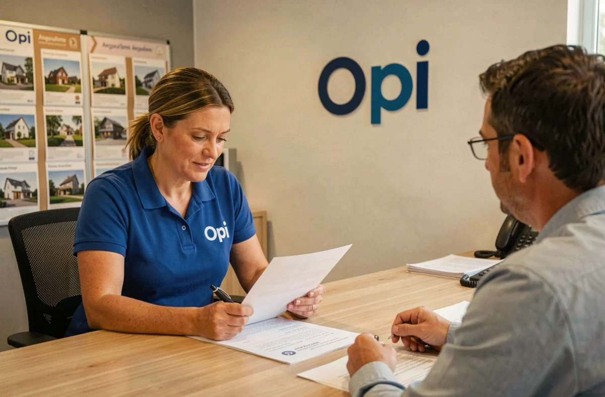 Conseillère Orpi Angoulême en discussion avec un client autour de documents immobiliers dans l'agence