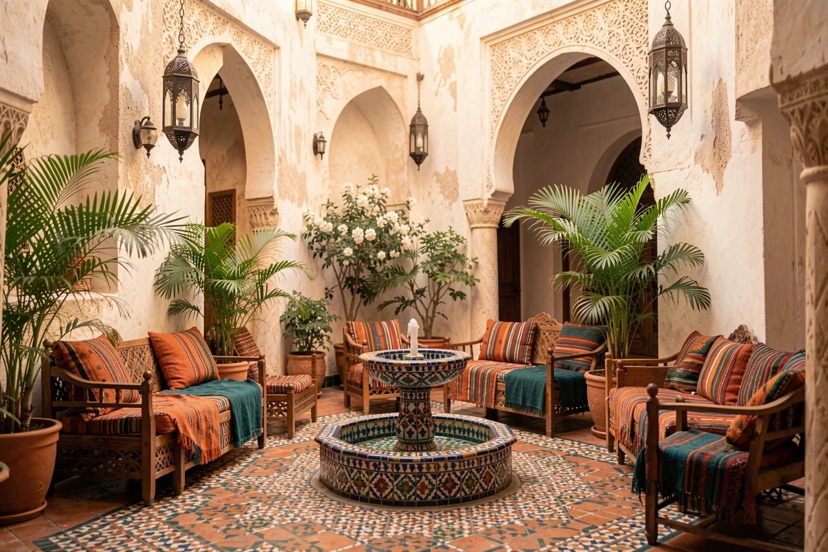 Patio intérieur d'une villa marocaine abordable à Marrakech avec fontaine zellige et mobilier traditionnel berbère