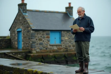 Pêcheur breton âgé examinant des documents devant une petite maison en pierre au bord de mer en Bretagne