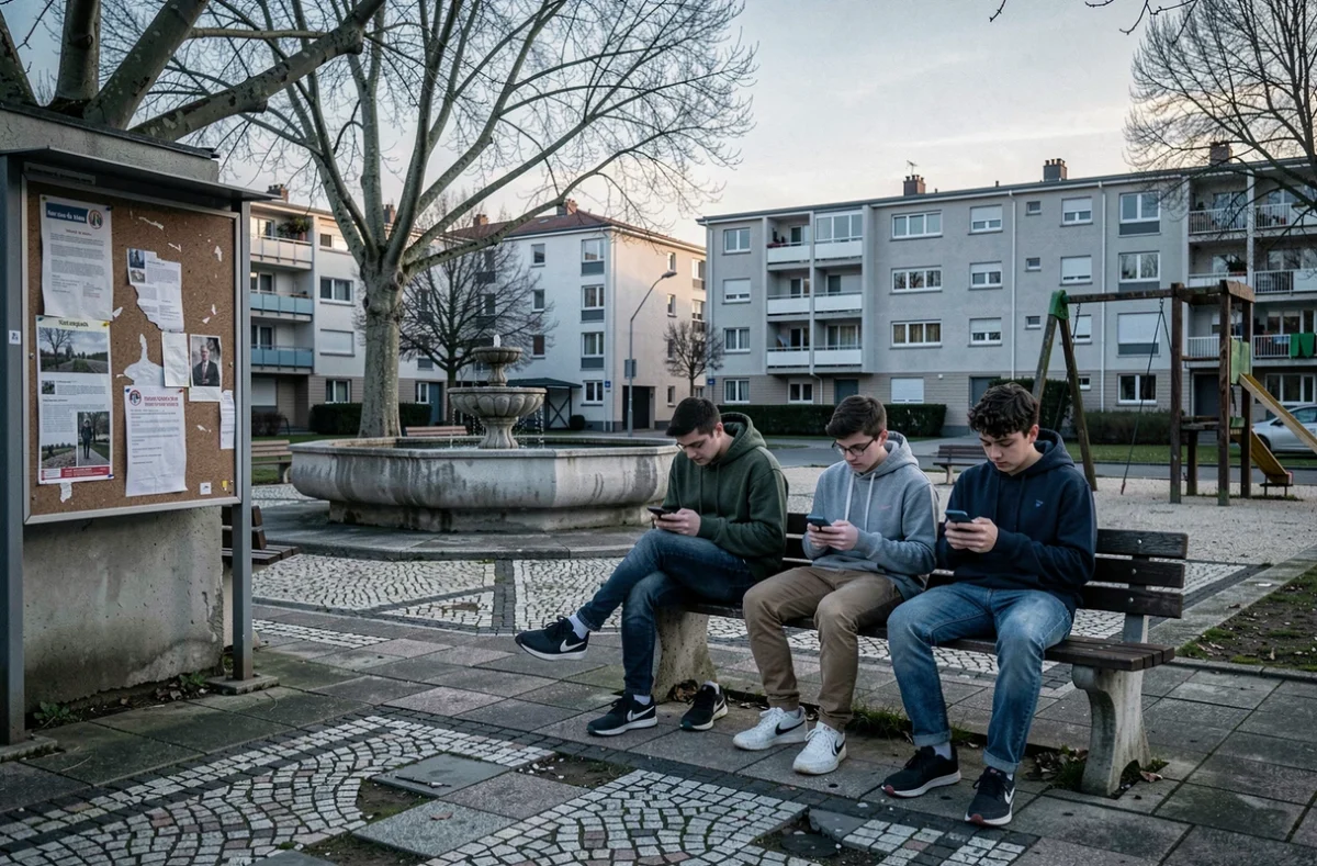 Place publique en banlieue parisienne au crépuscule avec adolescents sur un banc et immeubles HLM en arrière-plan, ambiance documentaire