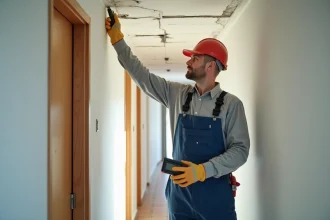 Plombier vérifiant des traces d'humidité au plafond d'un couloir