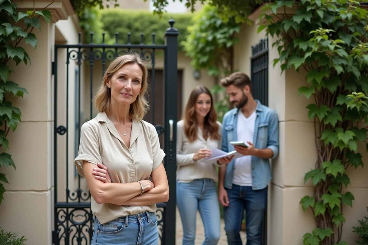 Femme et couple devant une maison provençale avec portail en fer