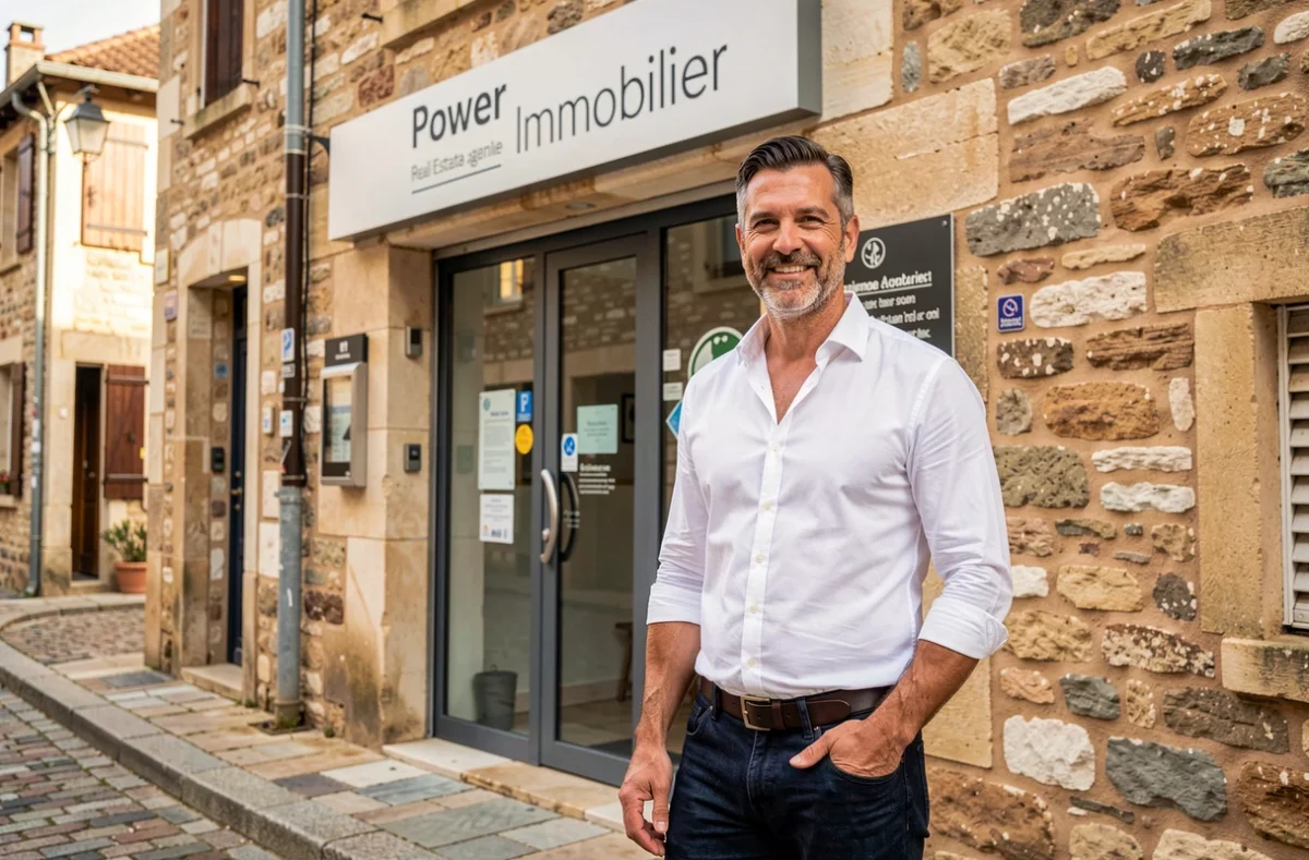 Entrepreneur de Power Immobilier posant devant la façade de son agence dans une rue de Charente