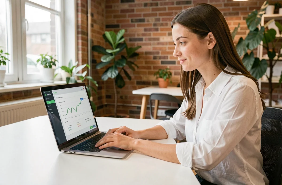 Utilisatrice du simulateur de prêt immobilier en ligne Pretto sur ordinateur portable dans un espace de coworking moderne