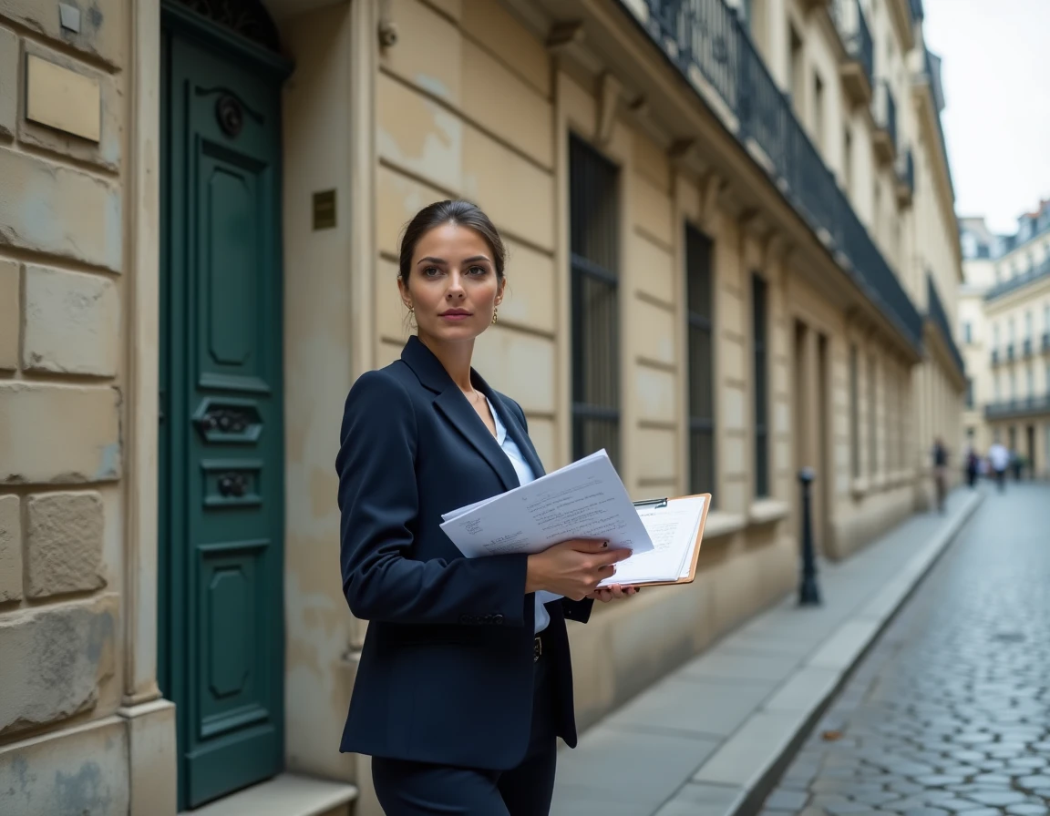 Professionnelle de l'immobilier devant un immeuble ancien haussmannien avec documents de revente