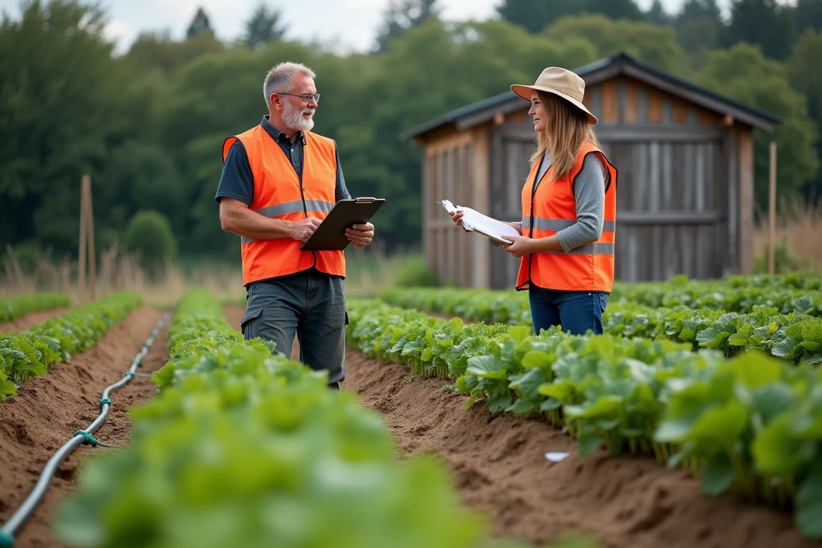 Deux agriculteurs discutant de la rentabilité d'un projet maraîcher sur une parcelle de 100 ares avec rangs de semis