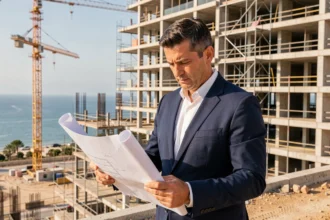 Promoteur immobilier professionnel devant un chantier de construction à Marseille avec vue sur la mer Méditerranée