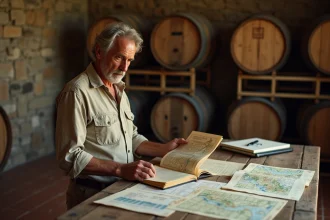 Propriétaire d'un domaine viticole bordelais examinant des documents de vente sur une table en chêne dans un chai en pierre