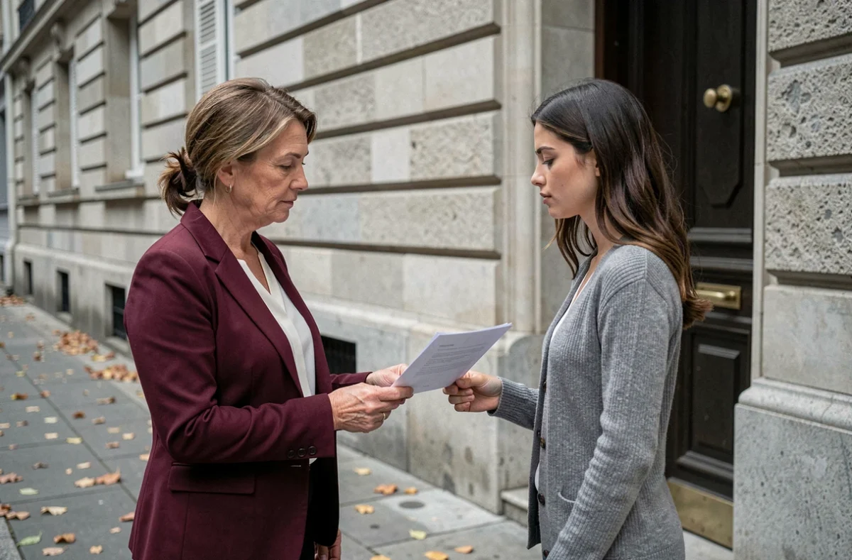 Propriétaire remettant un document d'assurance habitation à une locataire devant un immeuble