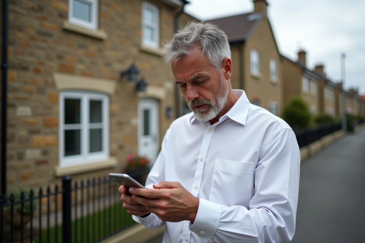 Propriétaire devant sa maison consultant une estimation immobilière gratuite en ligne sur son smartphone