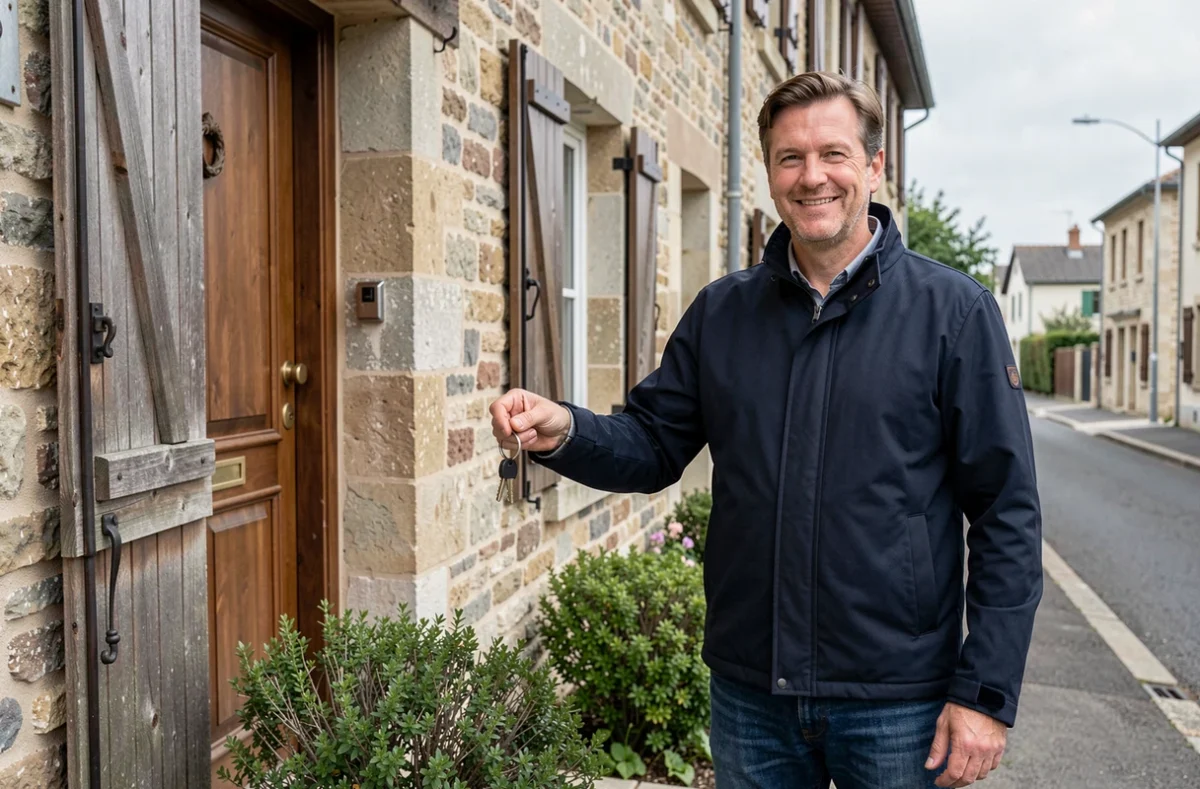 Propriétaire devant sa maison en pierre au Mans avec les clés de son logement assuré