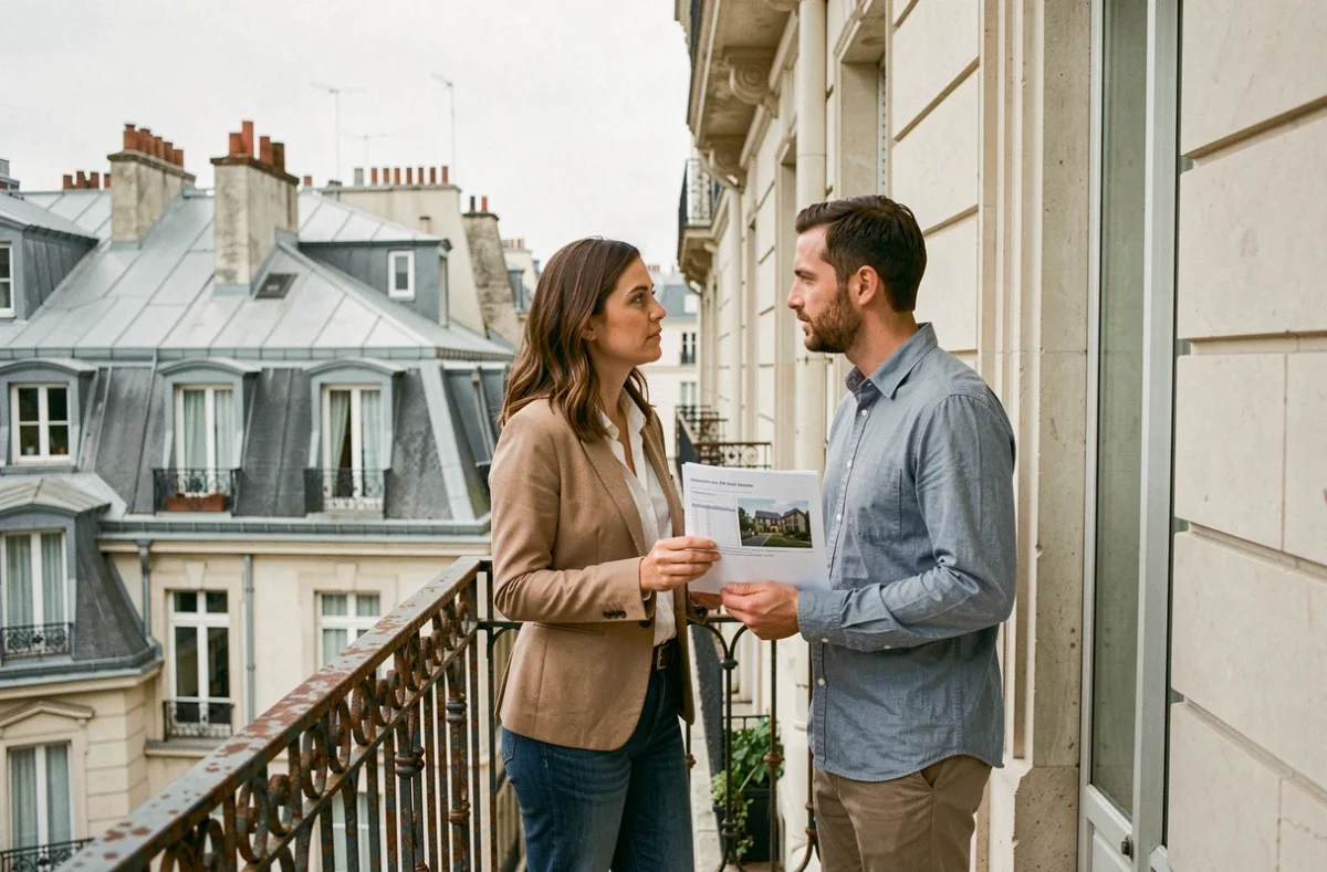 Couple de propriétaires sur un balcon haussmannien à Paris évaluant une estimation immobilière Orpi
