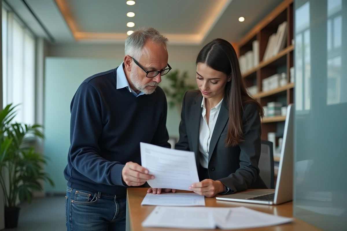 Homme et conseillère bancaire discutant de documents