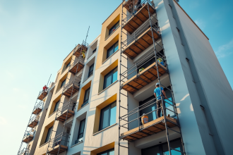 Travailleurs rénovant la façade d un immeuble résidentiel en ville