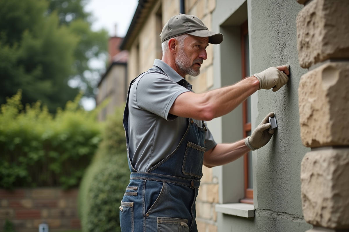 Hommes en overalls appliquant un enduit sur un mur en pierre