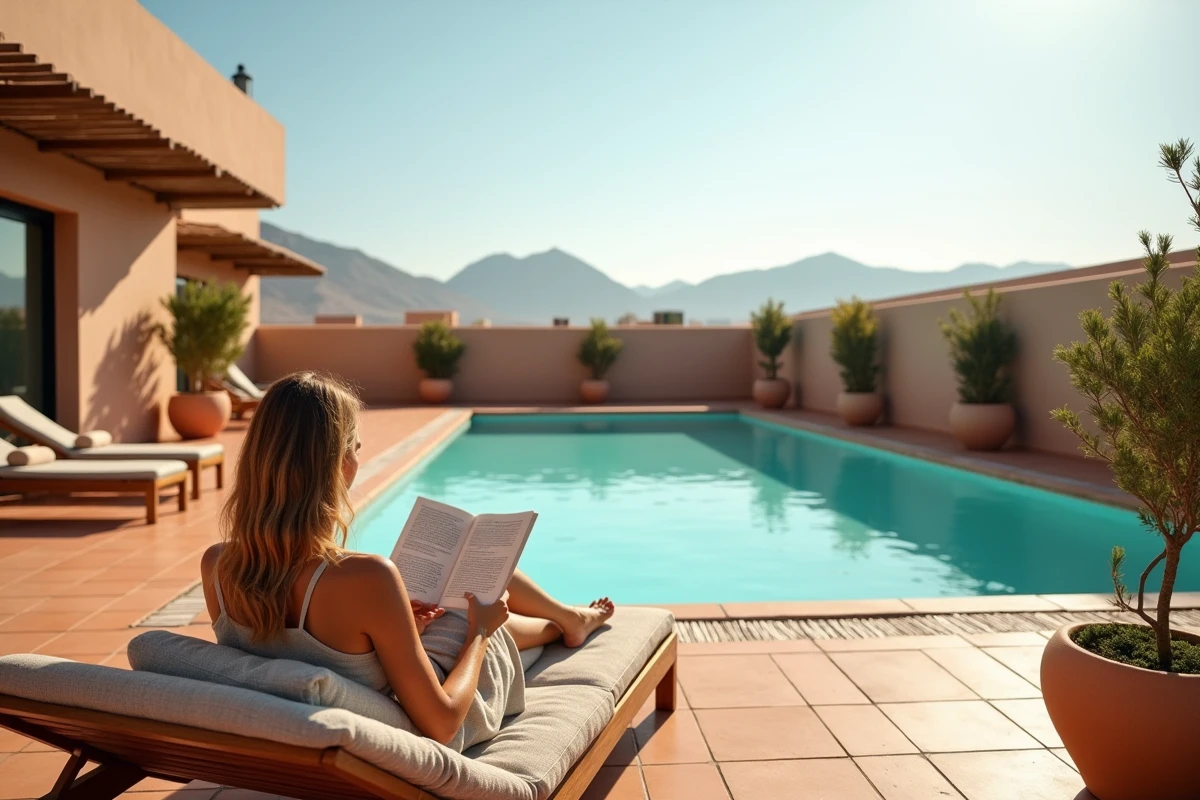 Terrasse et piscine d'une résidence de standing à Marrakech avec vue sur l'Atlas, service premium inclus