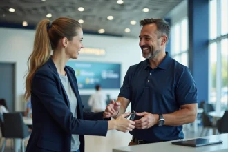 Cliente rendant les clés de voiture à un agent de location LOC SERVICE au comptoir d'une agence