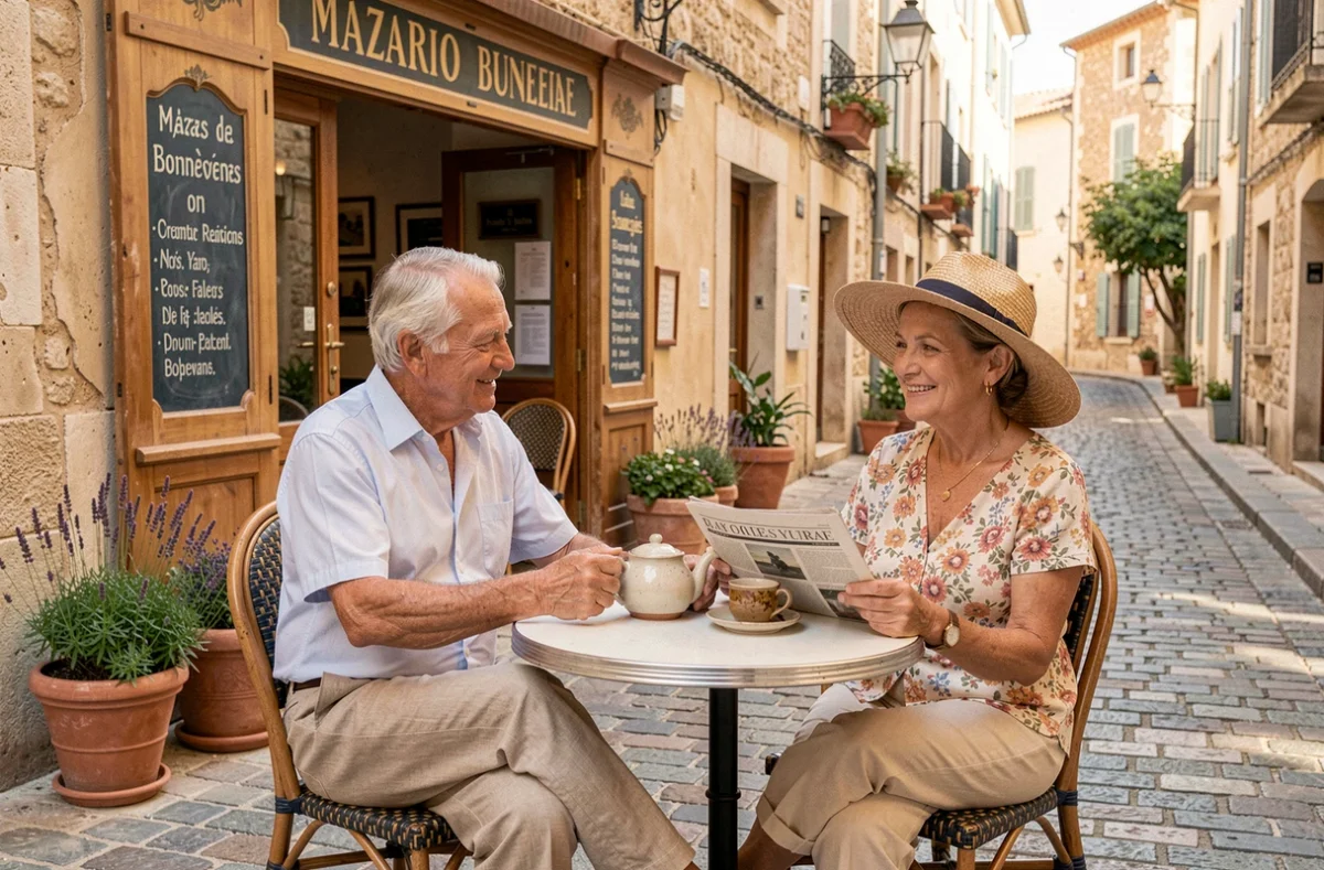 Couple de retraités attablés en terrasse dans une rue pittoresque des quartiers sud de Marseille