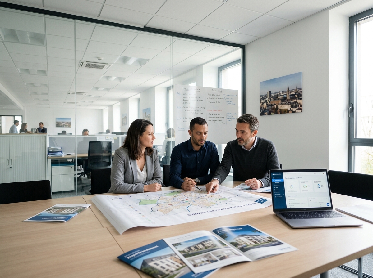 Équipe de professionnels de l'immobilier en réunion autour d'une carte de Rennes et de documents de projet