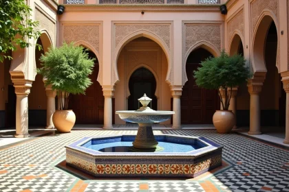 Cour intérieure d'un riad traditionnel à vendre à Marrakech avec fontaine en zellige et arcades en stuc sculpté, idéal pour un projet de maison d'hôtes