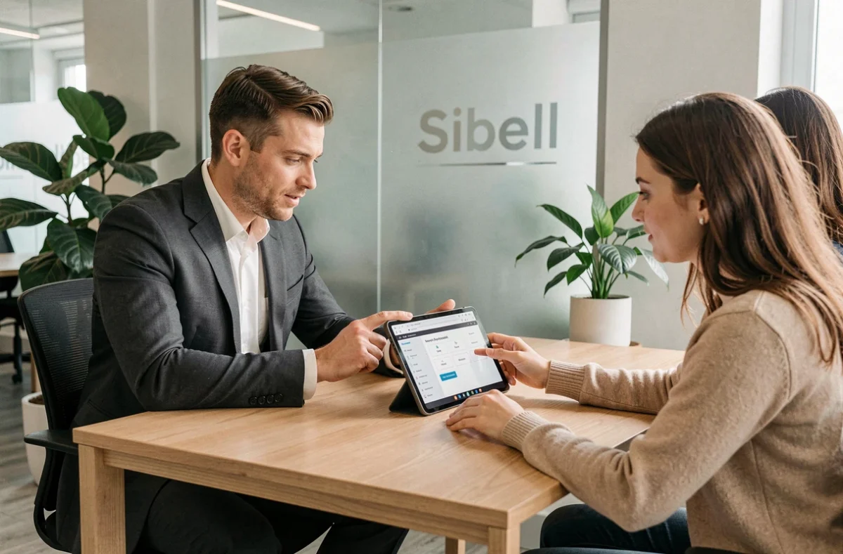 Conseiller financier Sibell expliquant les options de prêt immobilier à des clients dans un bureau épuré