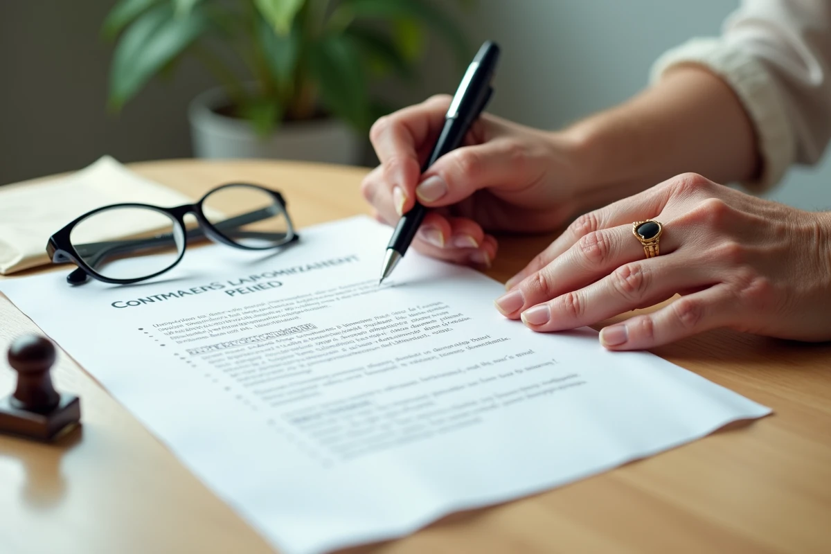 Signature d'un acte de donation de terrain par une propriétaire âgée avec tampon officiel