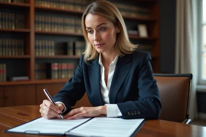 Notaire femme signant un compromis de vente en copropriété dans un bureau professionnel parisien