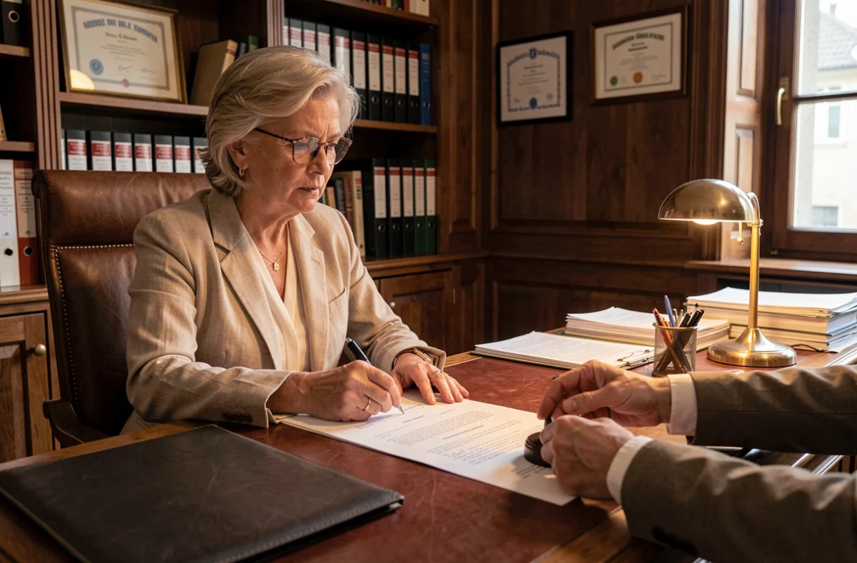 Femme signant un contrat d'achat immobilier chez un notaire pour l'acquisition d'une maison particulier ou promoteur