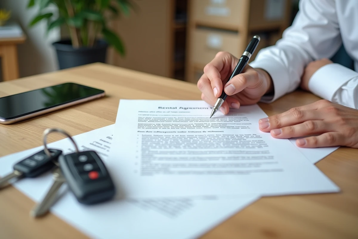 Signature d'un contrat de location de voiture avec clés et confirmation de réservation sur smartphone