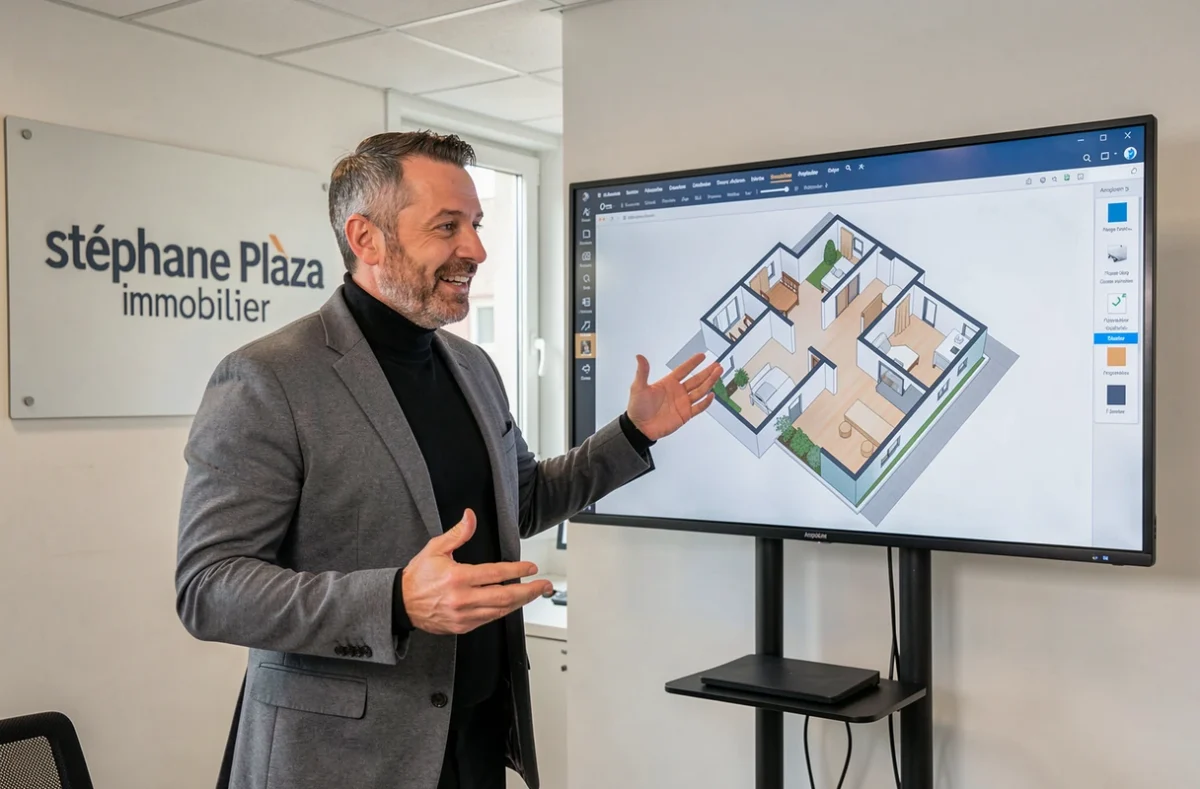 Conseiller Stéphane Plaza Immobilier Angoulême présentant un plan de bien immobilier sur écran dans une agence moderne