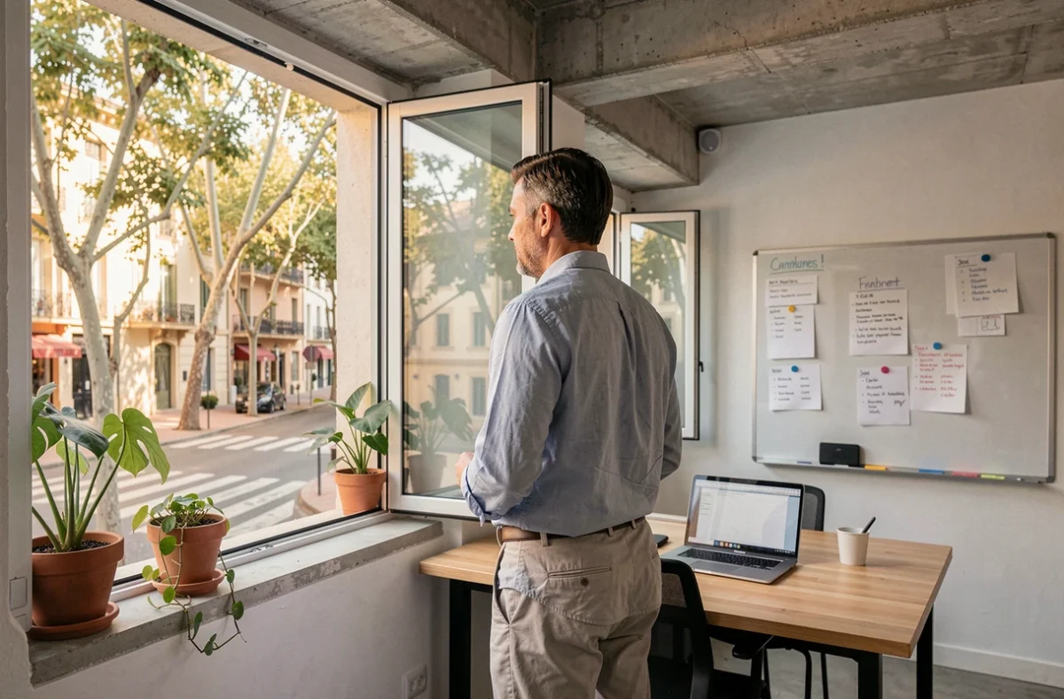 Homme en télétravail dans un espace de coworking de Montpellier regardant vers la rue ensoleillée
