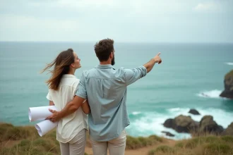 Couple debout sur un terrain à vendre en bord de mer tenant des plans architecturaux avec vue sur l'océan