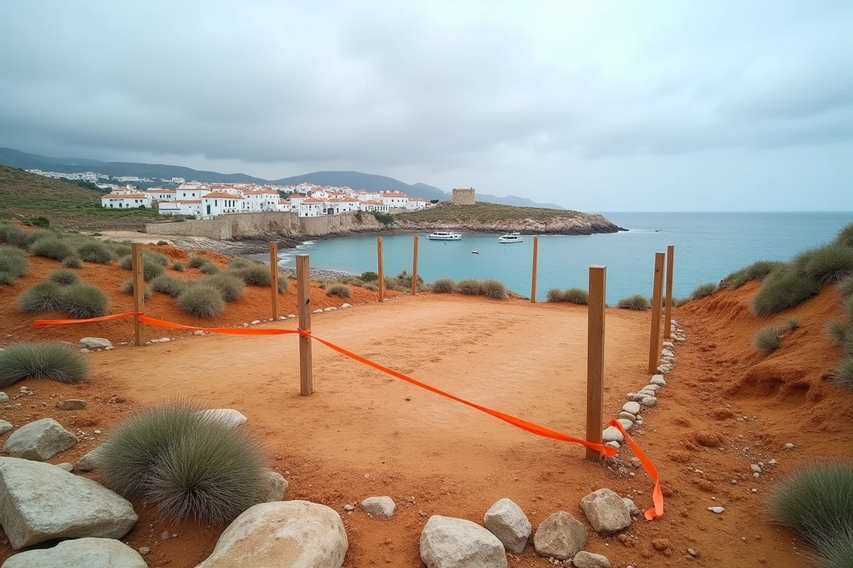 Terrain à vendre en bord de mer délimité par des piquets de bornage avec village côtier en arrière-plan