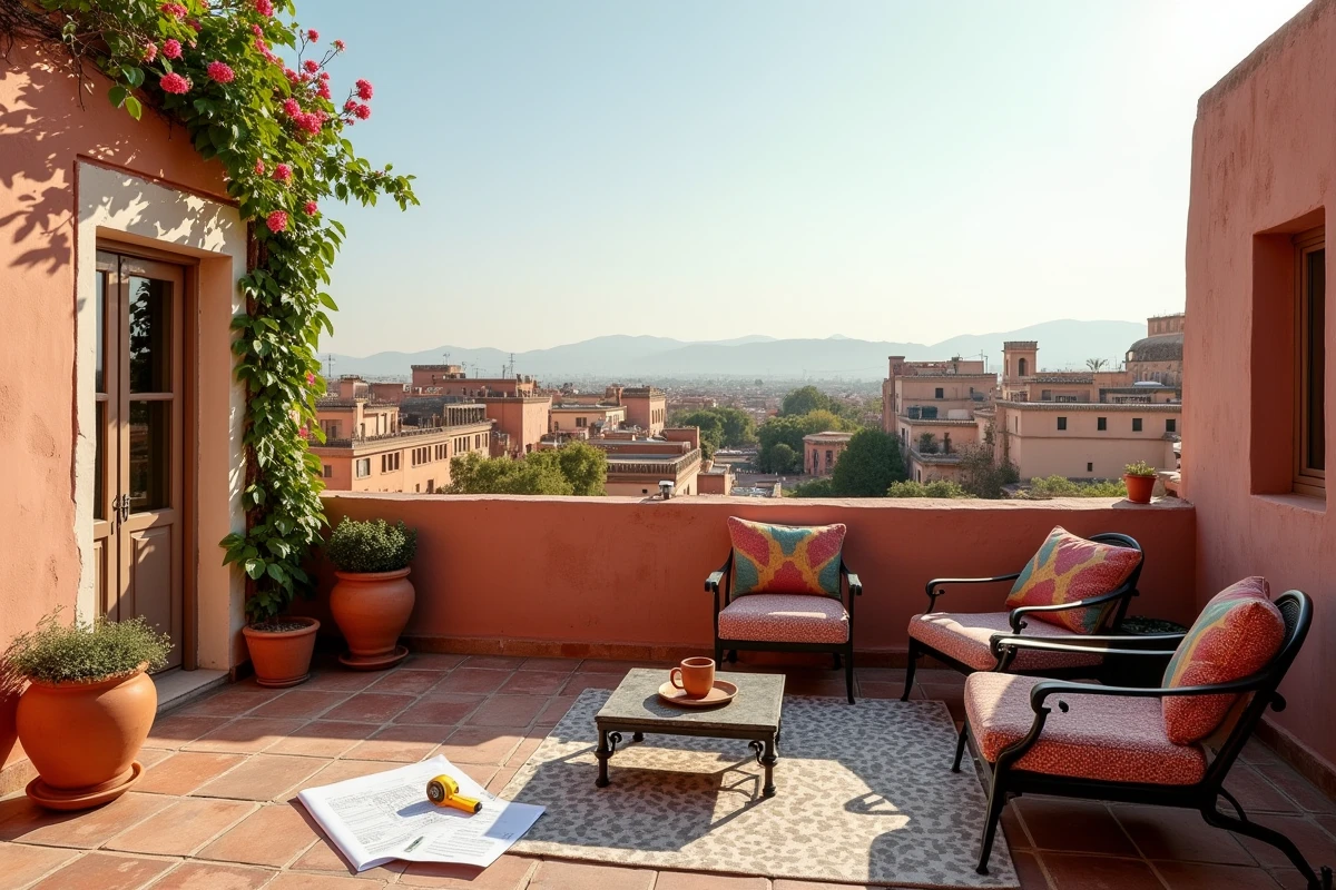 Terrasse en cours de rénovation d'un riad à Marrakech avec vue sur la médina, illustrant le potentiel d'un projet de maison d'hôtes