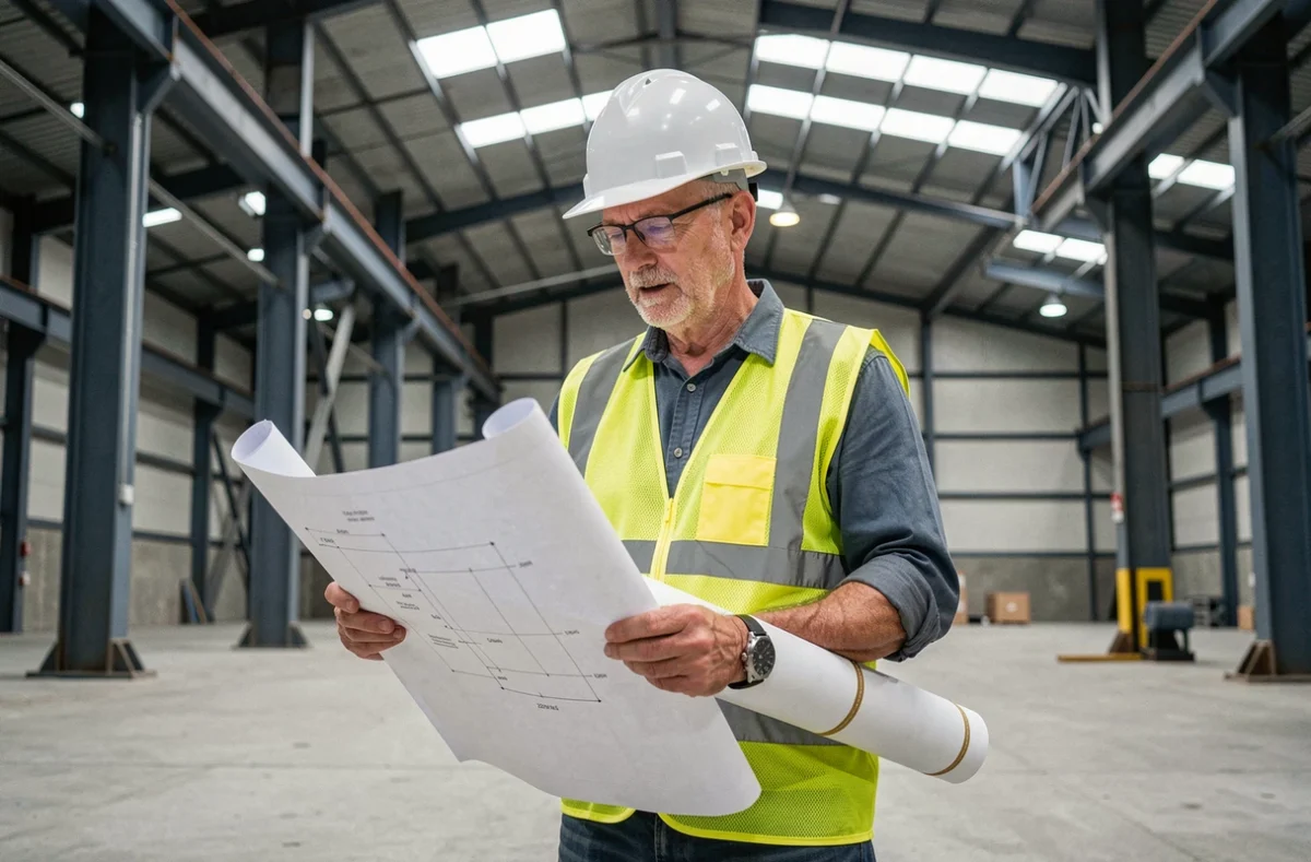 Ingénieur Traficon France consultant des plans techniques dans un entrepôt industriel du Nord