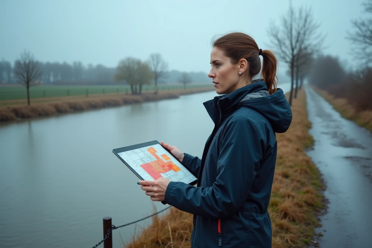 Urbaniste tenant une tablette avec carte des zones à risque d'inondation debout sur une berge inondée en France