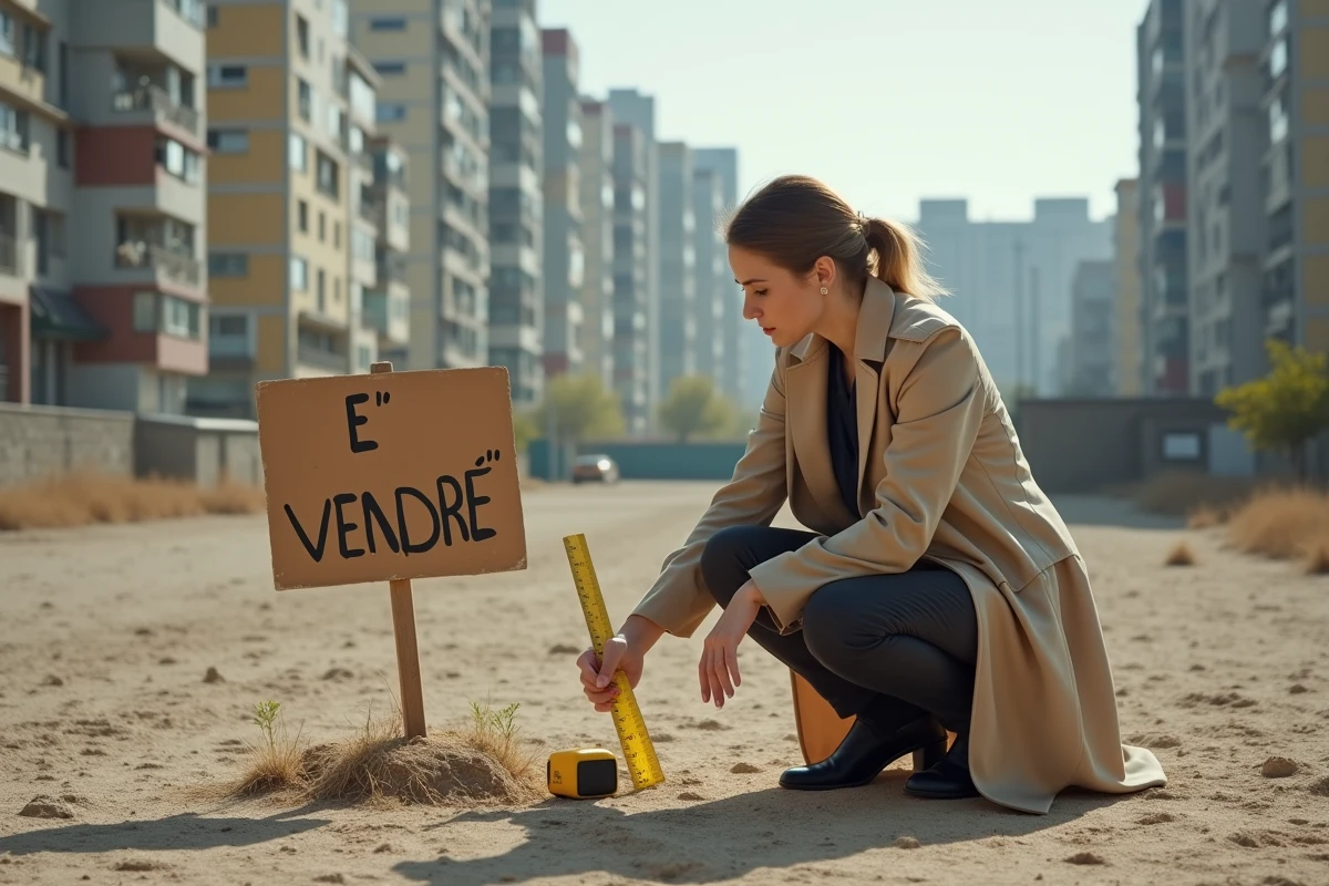Urbaniste examinant un panneau de terrain à vendre dans un quartier en transition avec bâtiments anciens et modernes