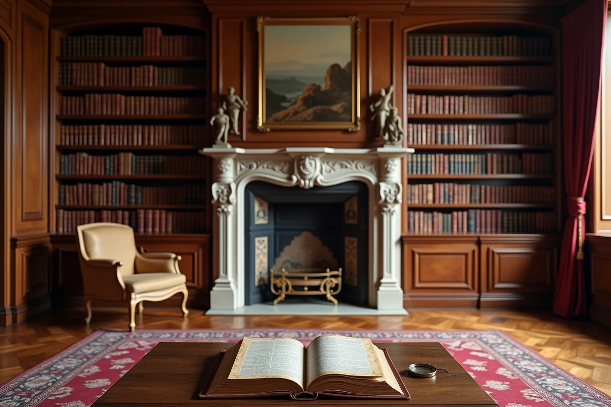 Bibliothèque privée somptueuse d'une villa historique de la Côte d'Azur avec cheminée sculptée et bureau en chêne massif